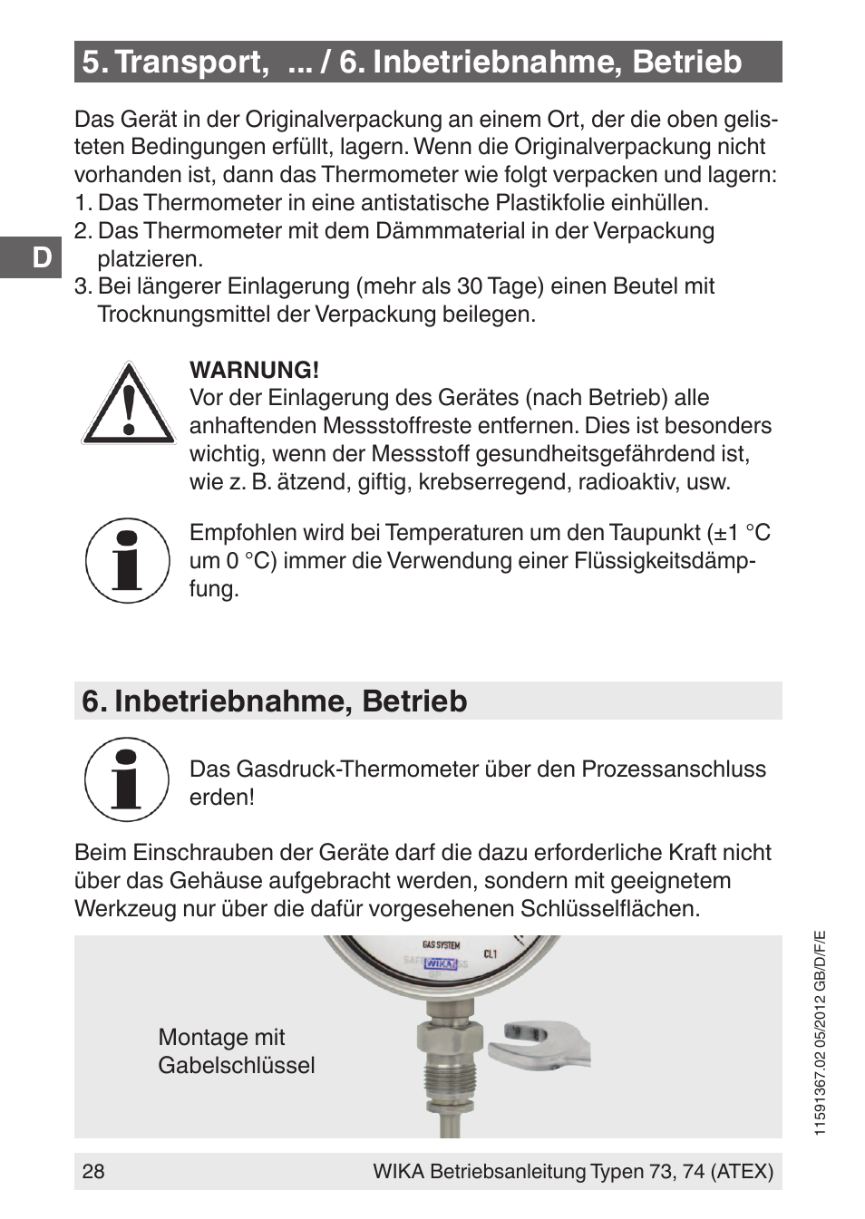 Transport, ... / 6. inbetriebnahme, betrieb, Inbetriebnahme, betrieb | WIKA 73 User Manual | Page 28 / 68