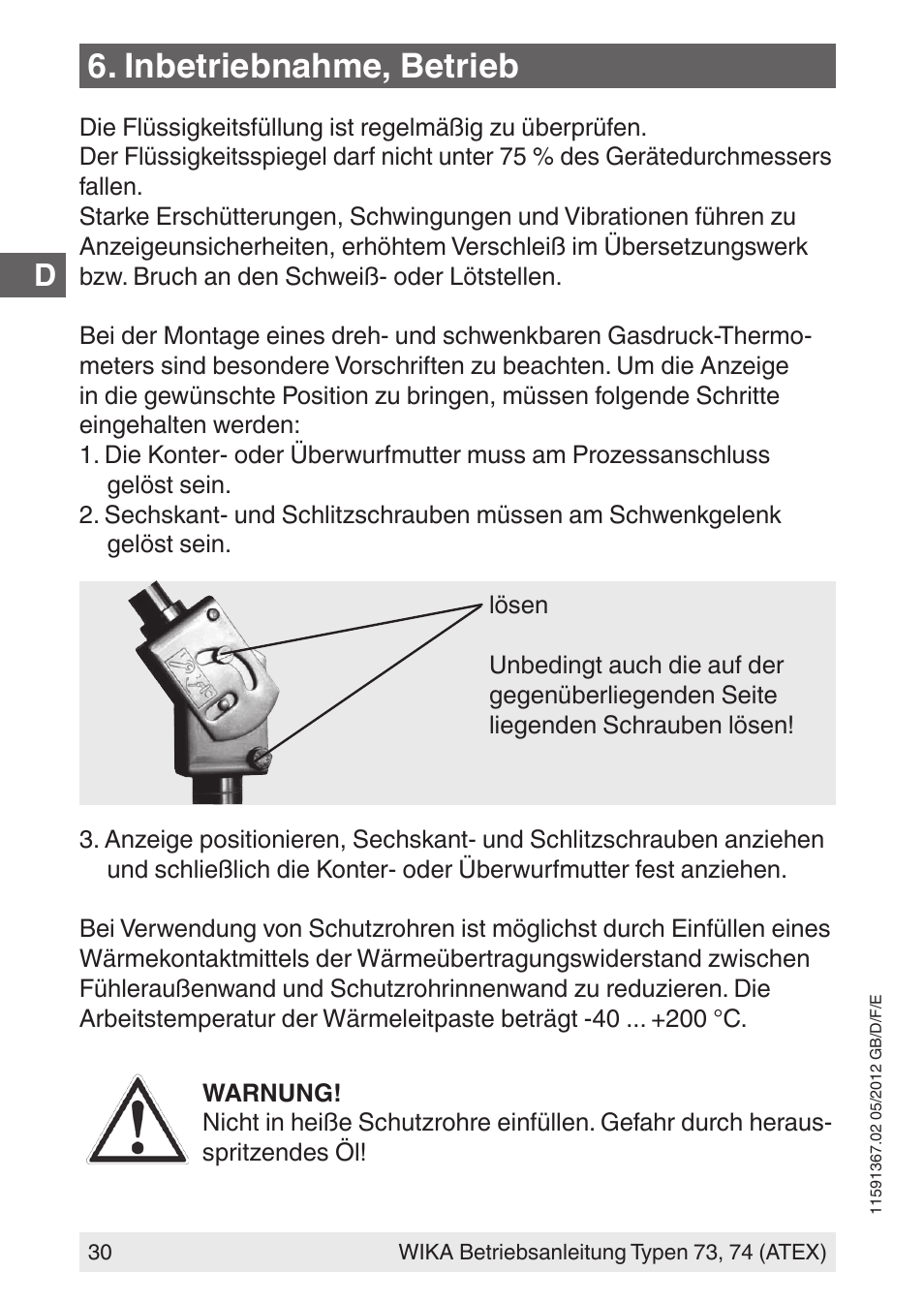 Inbetriebnahme, betrieb | WIKA 73 User Manual | Page 30 / 68