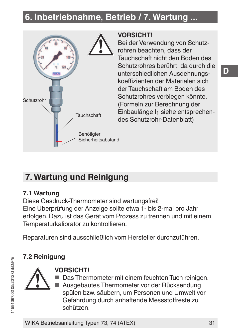 Inbetriebnahme, betrieb / 7. wartung, Wartung und reinigung | WIKA 73 User Manual | Page 31 / 68