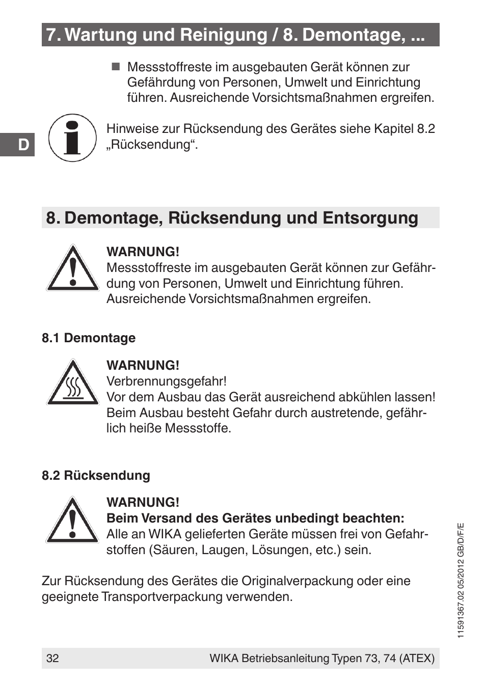 Wartung und reinigung / 8. demontage, Demontage, rücksendung und entsorgung | WIKA 73 User Manual | Page 32 / 68
