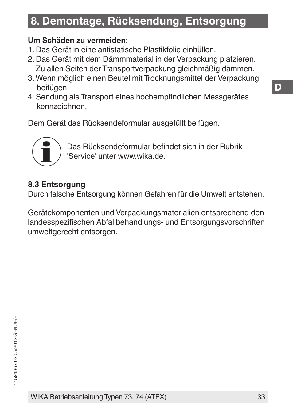 Demontage, rücksendung, entsorgung | WIKA 73 User Manual | Page 33 / 68