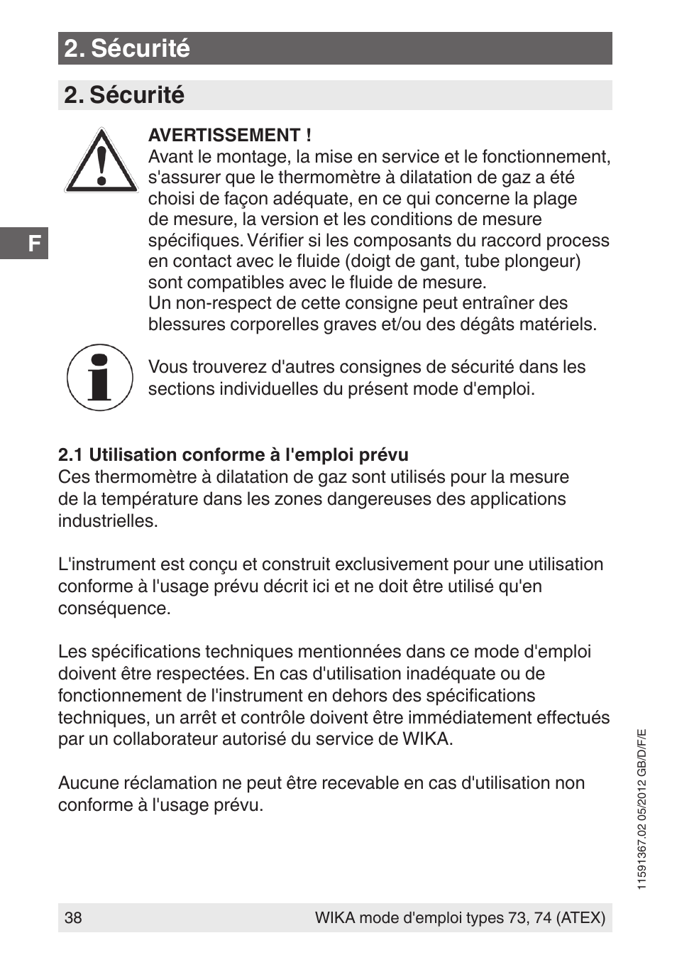 Sécurité | WIKA 73 User Manual | Page 38 / 68