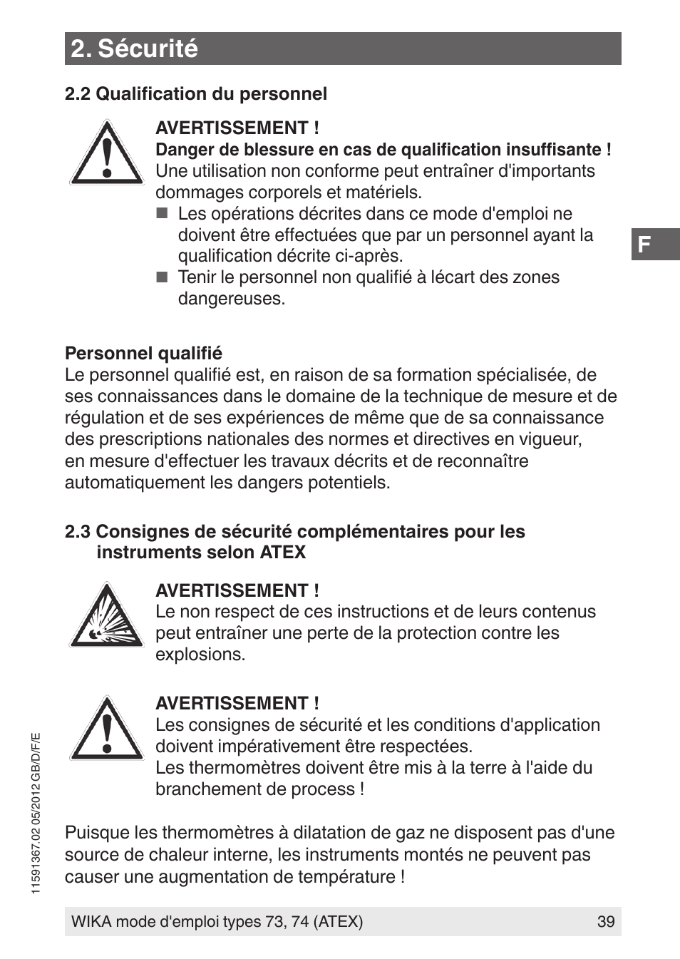 Sécurité | WIKA 73 User Manual | Page 39 / 68