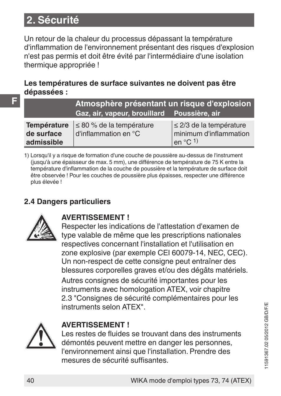 Sécurité | WIKA 73 User Manual | Page 40 / 68