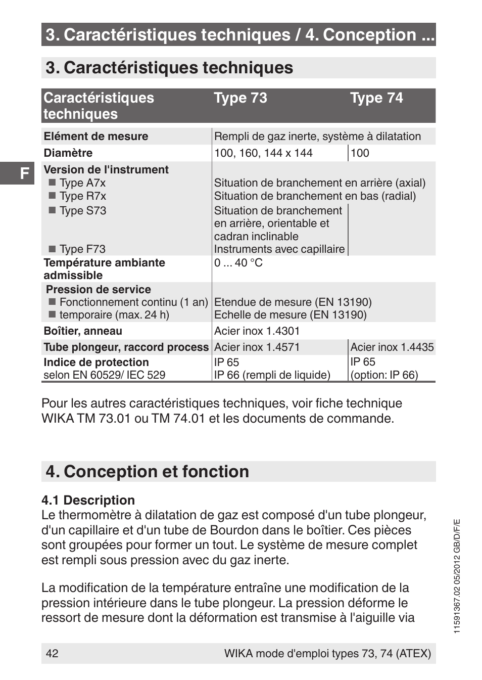 Caractéristiques techniques, Conception et fonction, Caractéristiques techniques / 4. conception | Caractéristiques techniques type 73 type 74 | WIKA 73 User Manual | Page 42 / 68