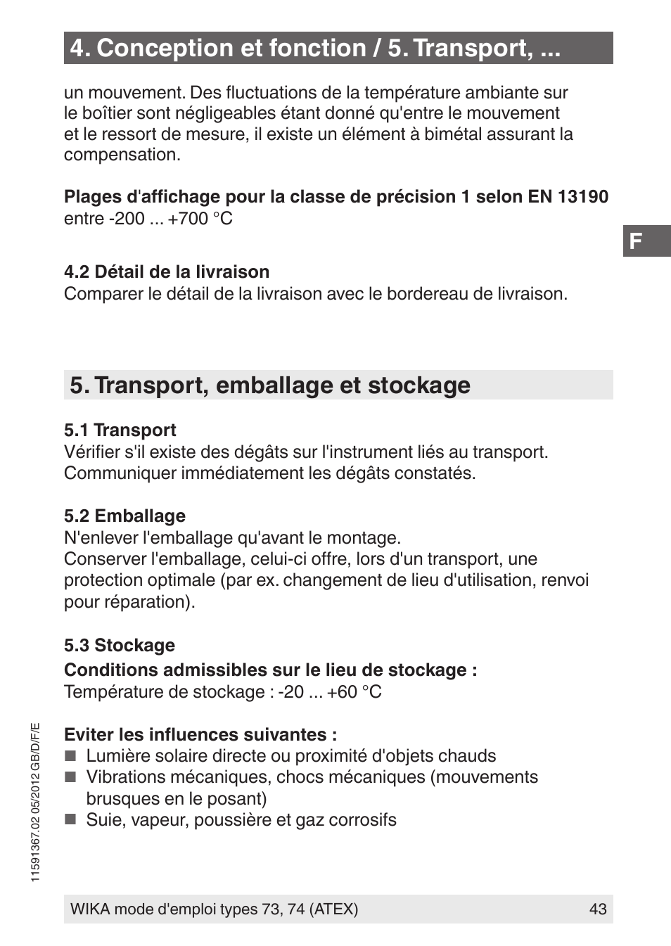 Conception et fonction / 5. transport, Transport, emballage et stockage | WIKA 73 User Manual | Page 43 / 68