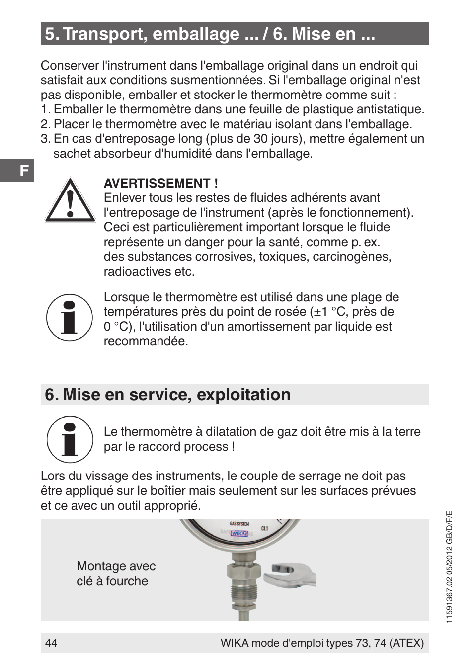 Transport, emballage ... / 6. mise en, Mise en service, exploitation | WIKA 73 User Manual | Page 44 / 68