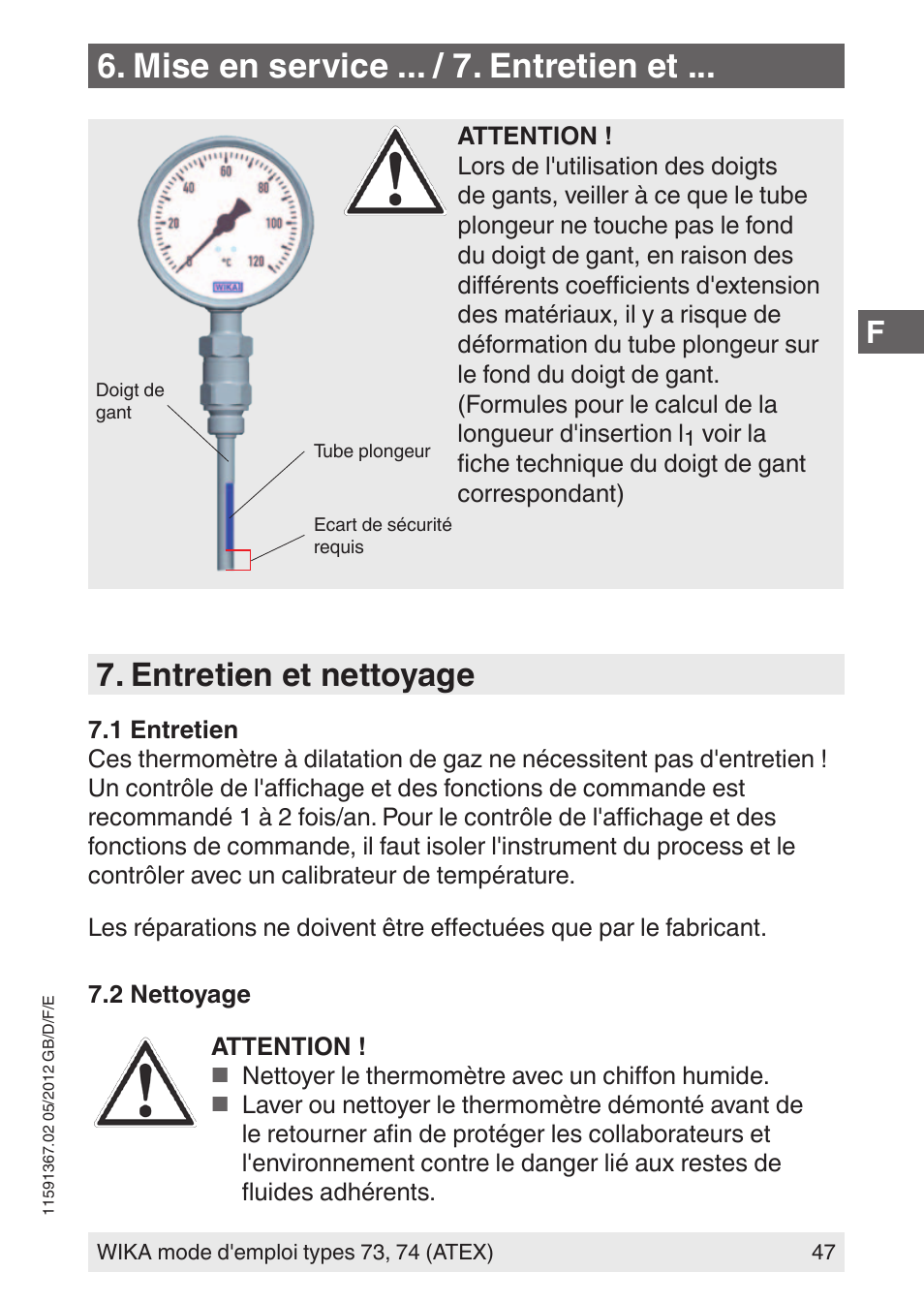 Mise en service ... / 7. entretien et, Entretien et nettoyage | WIKA 73 User Manual | Page 47 / 68