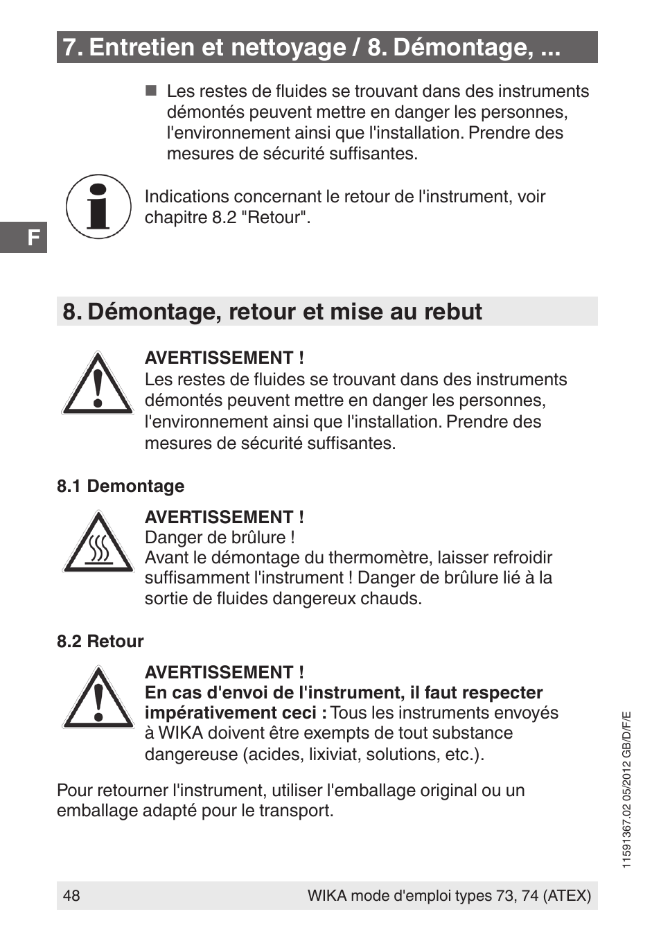 Entretien et nettoyage / 8. démontage, Démontage, retour et mise au rebut | WIKA 73 User Manual | Page 48 / 68