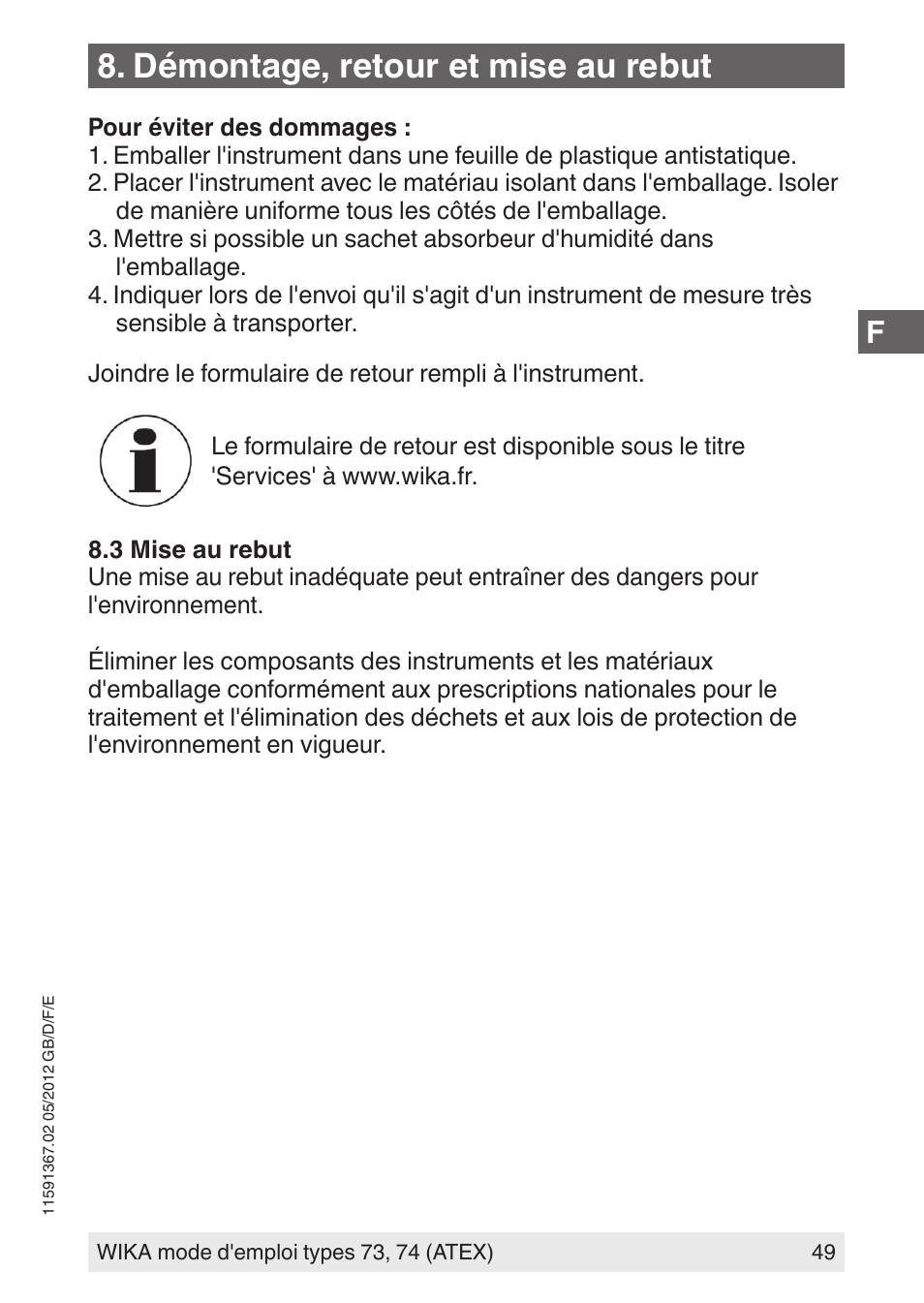 Démontage, retour et mise au rebut | WIKA 73 User Manual | Page 49 / 68