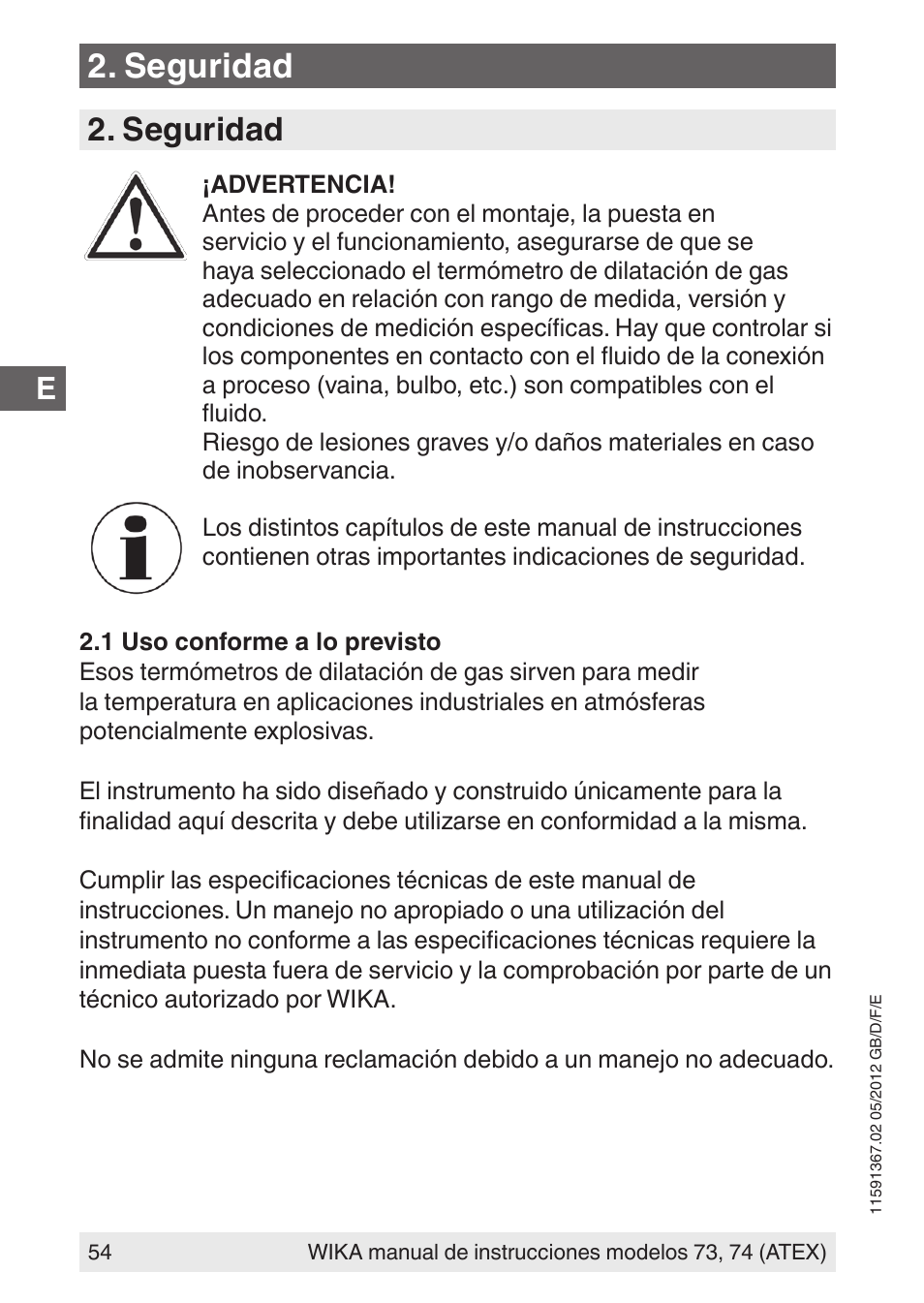 Seguridad | WIKA 73 User Manual | Page 54 / 68