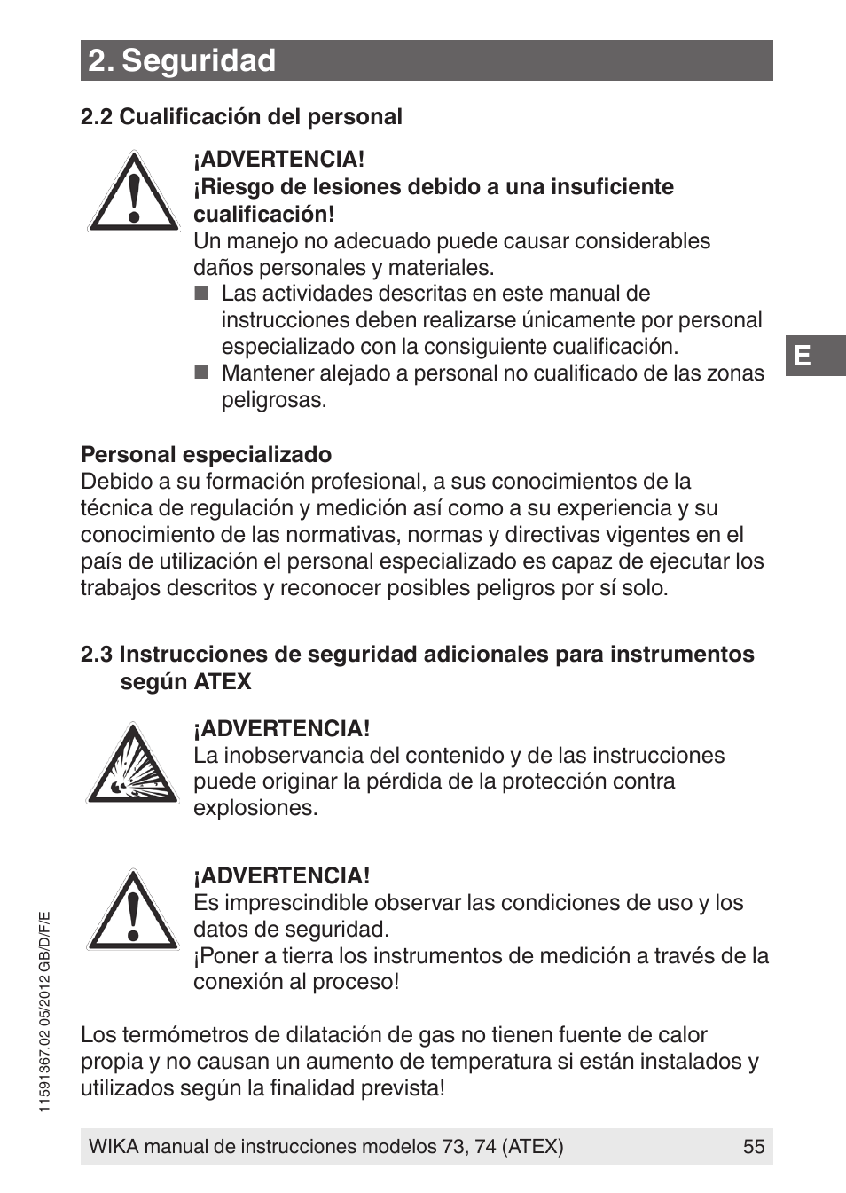 Seguridad | WIKA 73 User Manual | Page 55 / 68