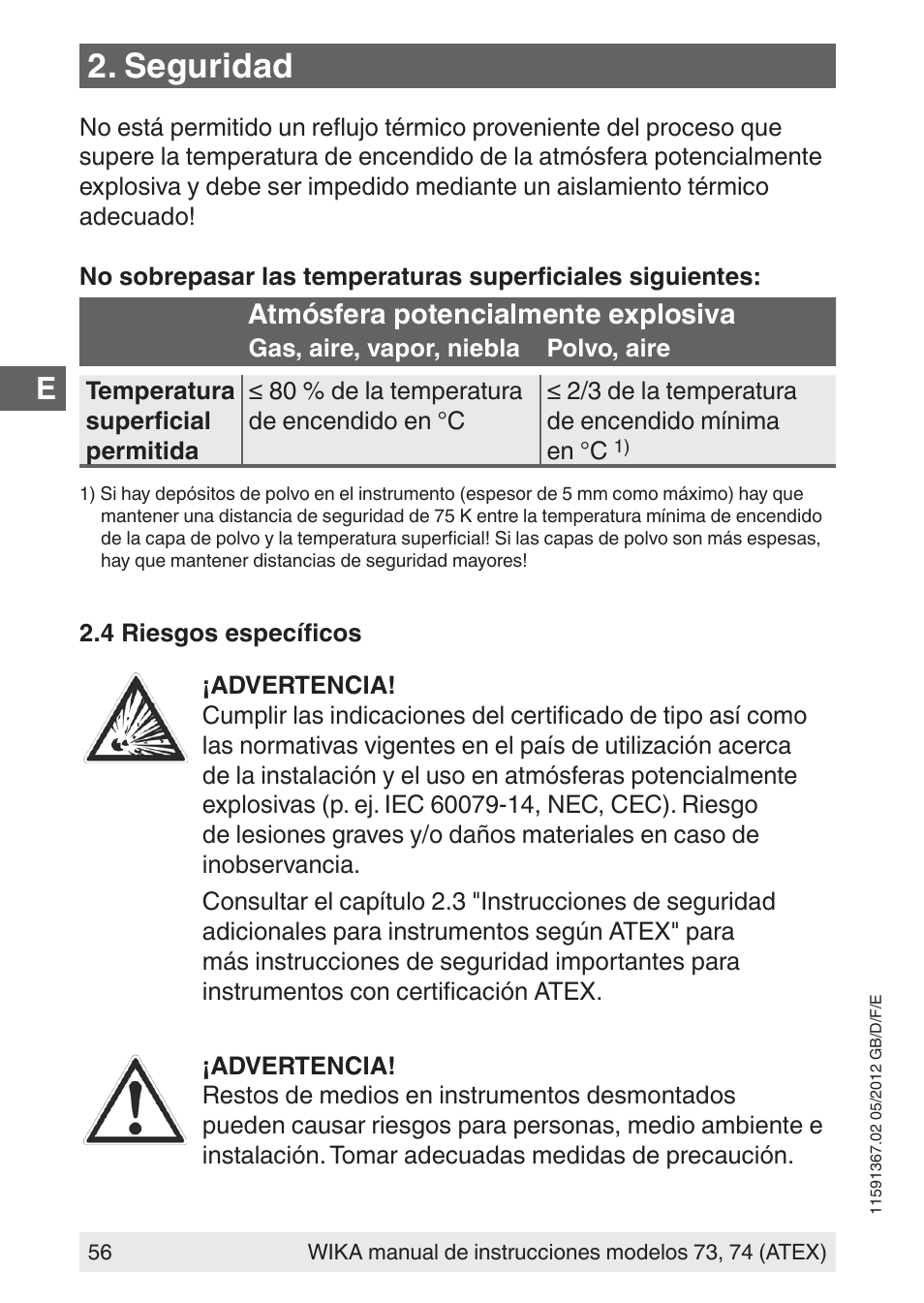 Seguridad, Atmósfera potencialmente explosiva | WIKA 73 User Manual | Page 56 / 68