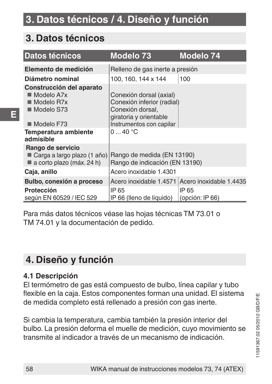 Datos técnicos / 4. diseño y función, Datos técnicos, Diseño y función | Datos técnicos modelo 73 modelo 74 | WIKA 73 User Manual | Page 58 / 68