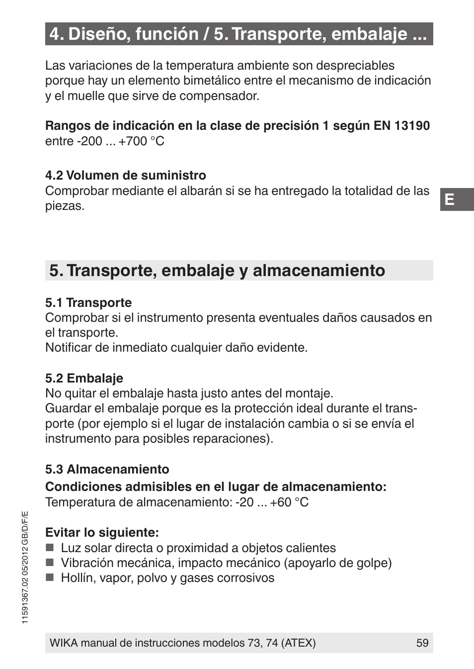 Diseño, función / 5. transporte, embalaje, Transporte, embalaje y almacenamiento | WIKA 73 User Manual | Page 59 / 68