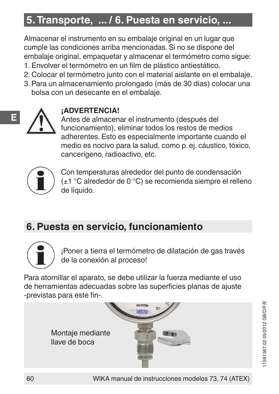 Transporte, ... / 6. puesta en servicio, Puesta en servicio, funcionamiento | WIKA 73 User Manual | Page 60 / 68