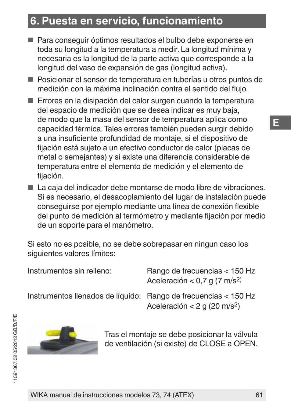 Puesta en servicio, funcionamiento | WIKA 73 User Manual | Page 61 / 68