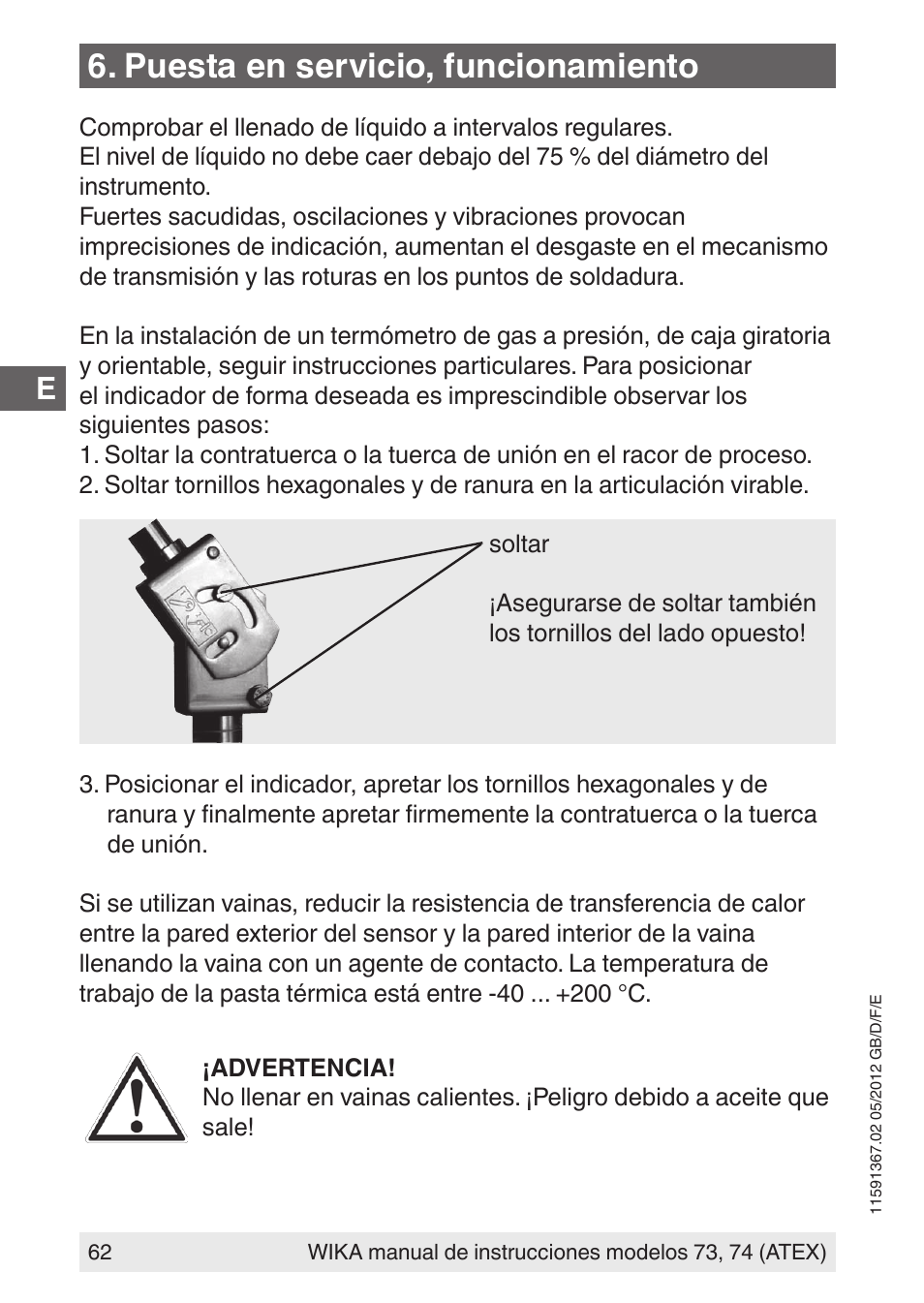 Puesta en servicio, funcionamiento | WIKA 73 User Manual | Page 62 / 68