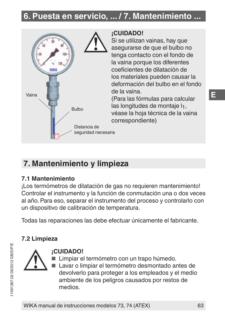 Puesta en servicio, ... / 7. mantenimiento, Mantenimiento y limpieza | WIKA 73 User Manual | Page 63 / 68