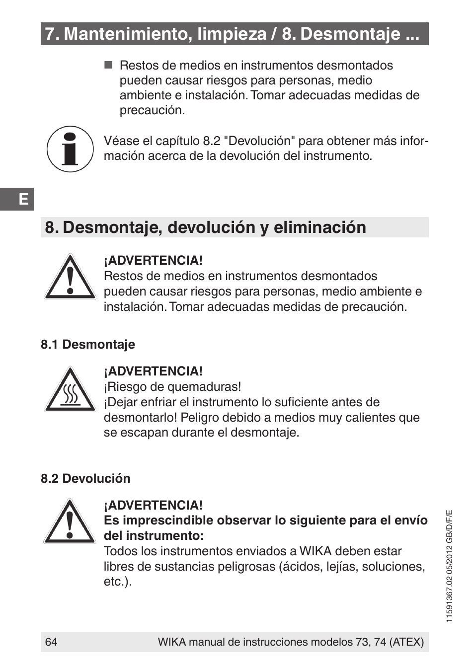 Mantenimiento, limpieza / 8. desmontaje, Desmontaje, devolución y eliminación | WIKA 73 User Manual | Page 64 / 68