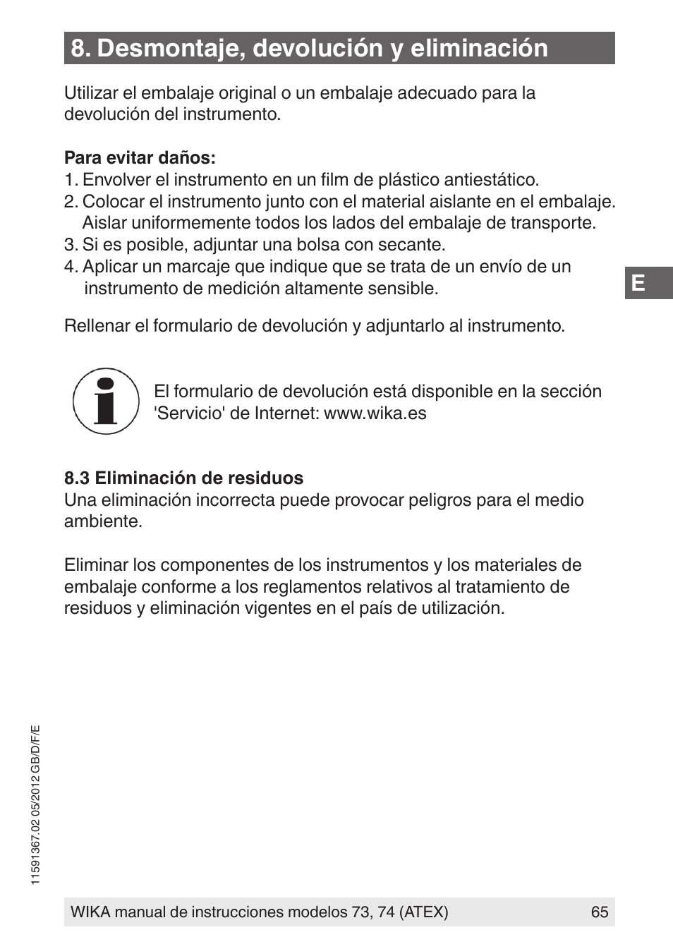 Desmontaje, devolución y eliminación | WIKA 73 User Manual | Page 65 / 68