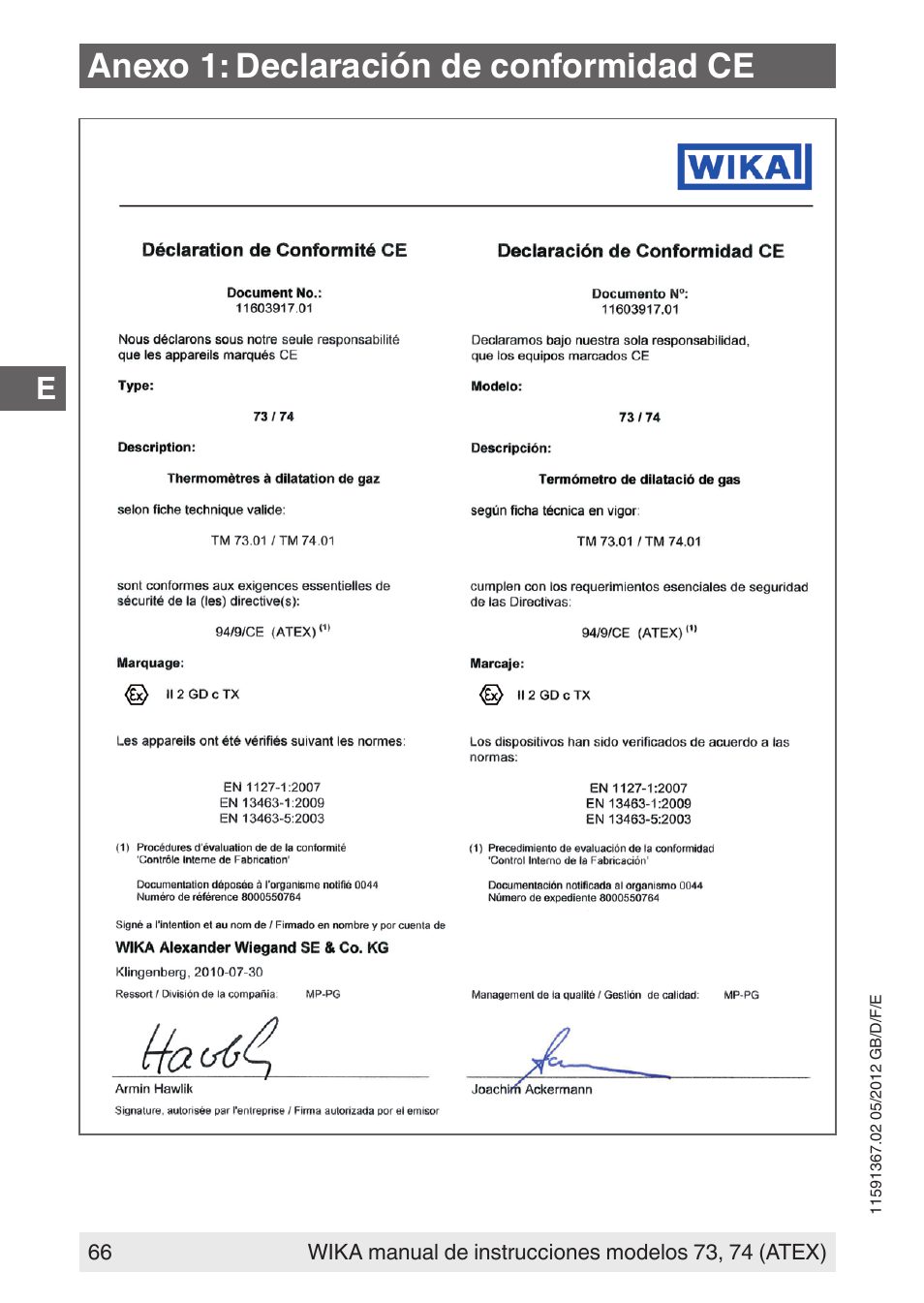 Anexo 1: declaración de conformidad ce | WIKA 73 User Manual | Page 66 / 68