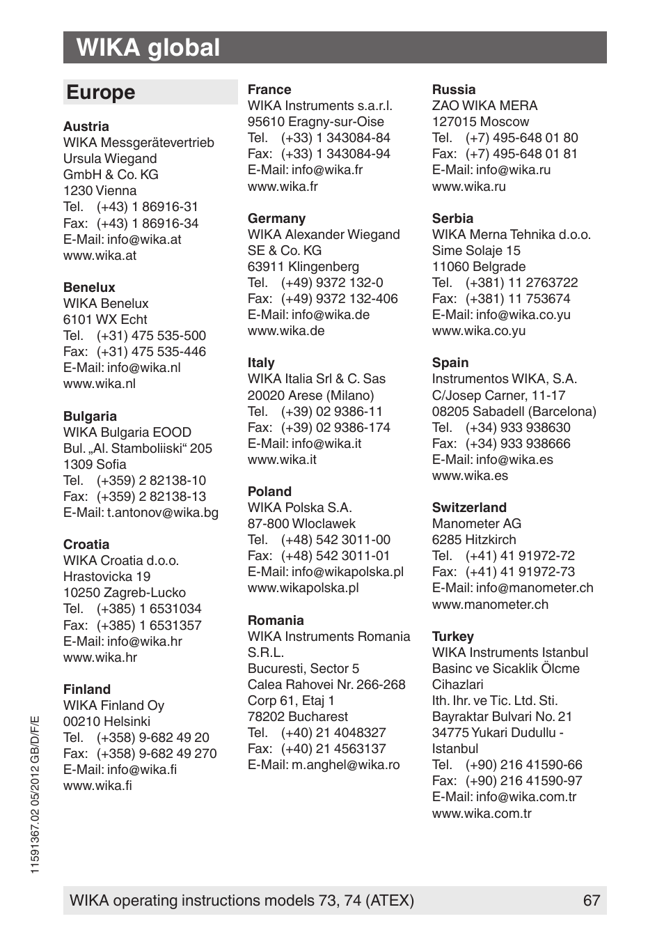 Wika global, Europe | WIKA 73 User Manual | Page 67 / 68