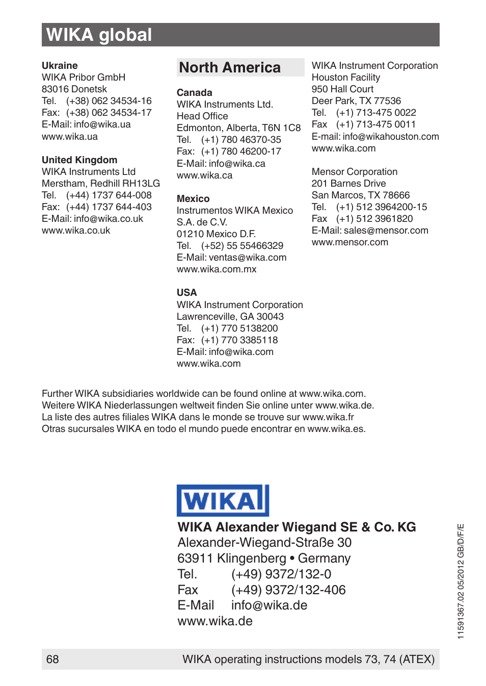 Wika global, North america | WIKA 73 User Manual | Page 68 / 68