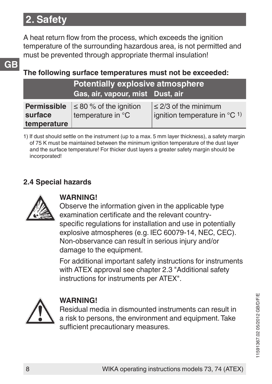 Safety, Potentially explosive atmosphere | WIKA 73 User Manual | Page 8 / 68