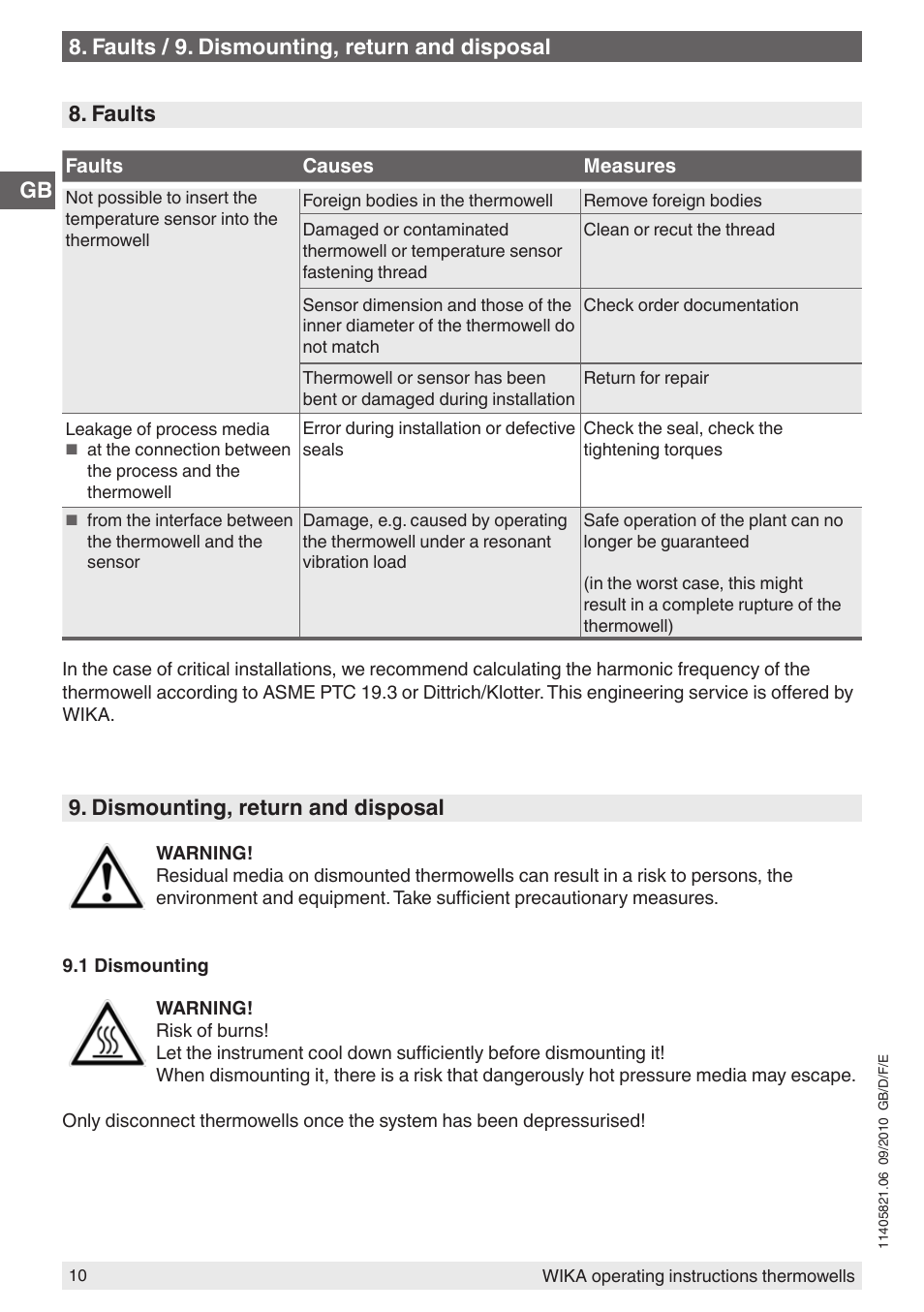 Gb 8. faults, Dismounting, return and disposal, Faults / 9. dismounting, return and disposal | WIKA TW10-P User Manual | Page 10 / 44