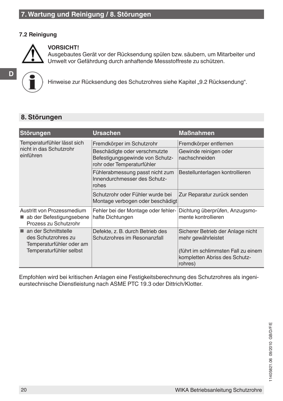 Störungen, Wartung und reinigung / 8. störungen | WIKA TW10-P User Manual | Page 20 / 44