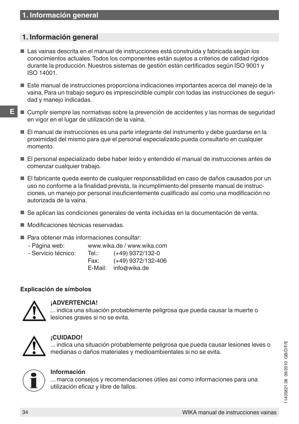 E1. información general, Información general | WIKA TW10-P User Manual | Page 34 / 44