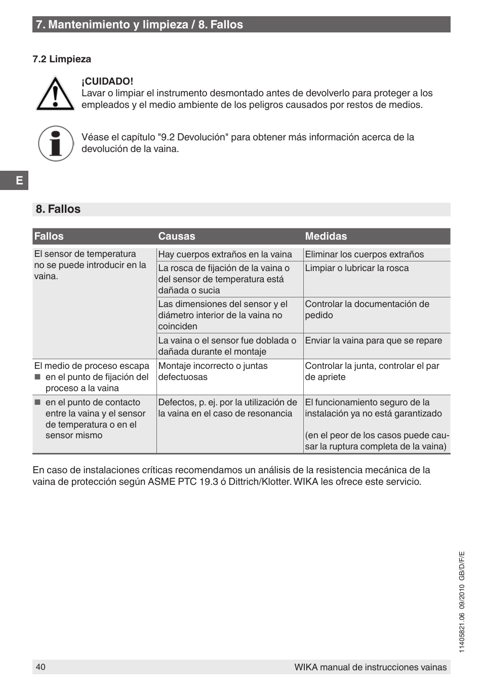 Fallos, Mantenimiento y limpieza / 8. fallos | WIKA TW10-P User Manual | Page 40 / 44