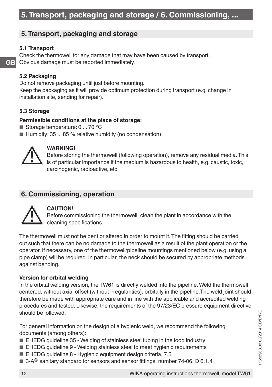 Transport, packaging and storage, Commissioning, operation | WIKA TW61 User Manual | Page 12 / 68