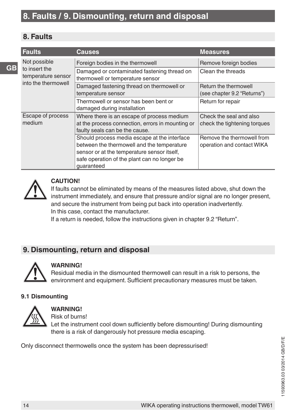 Faults / 9. dismounting, return and disposal, Faults, Dismounting, return and disposal | WIKA TW61 User Manual | Page 14 / 68