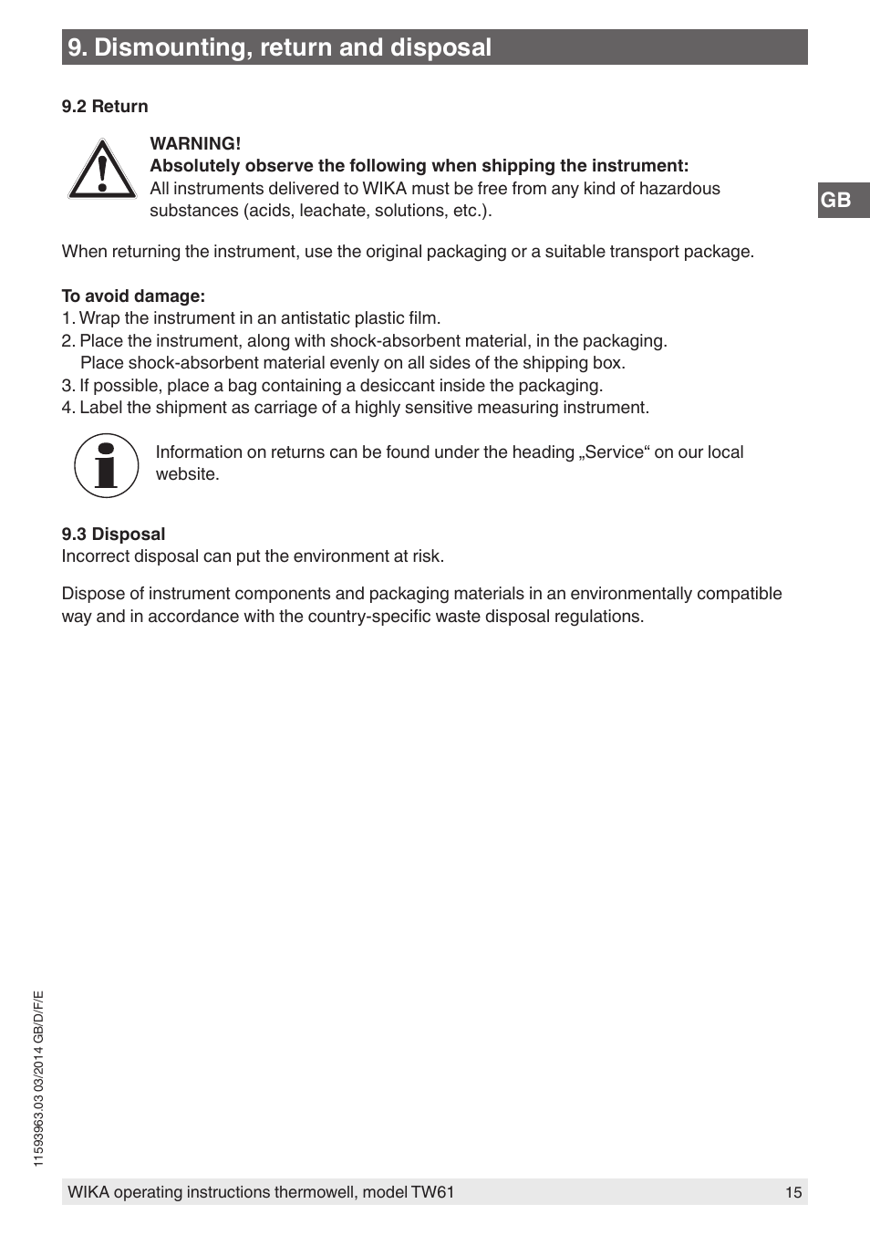 Dismounting, return and disposal | WIKA TW61 User Manual | Page 15 / 68