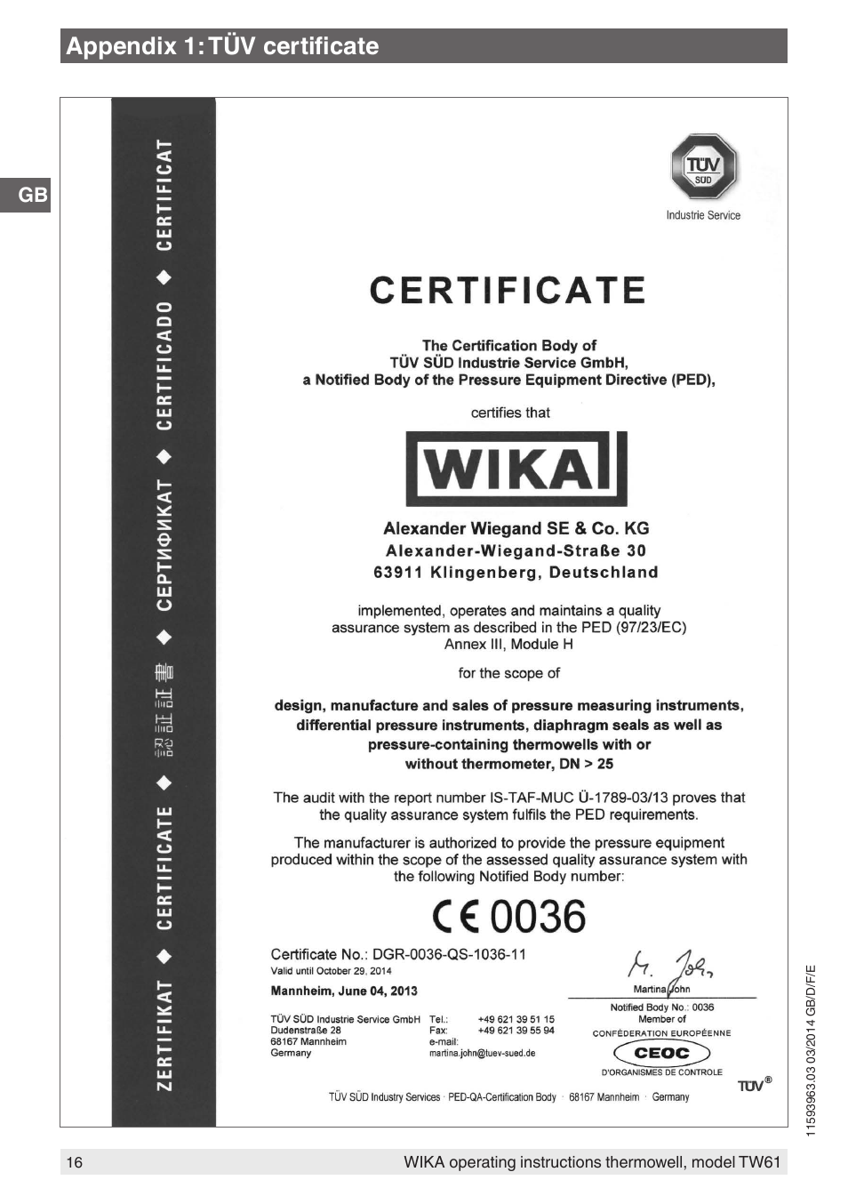 Appendix 1: tüv certificate | WIKA TW61 User Manual | Page 16 / 68