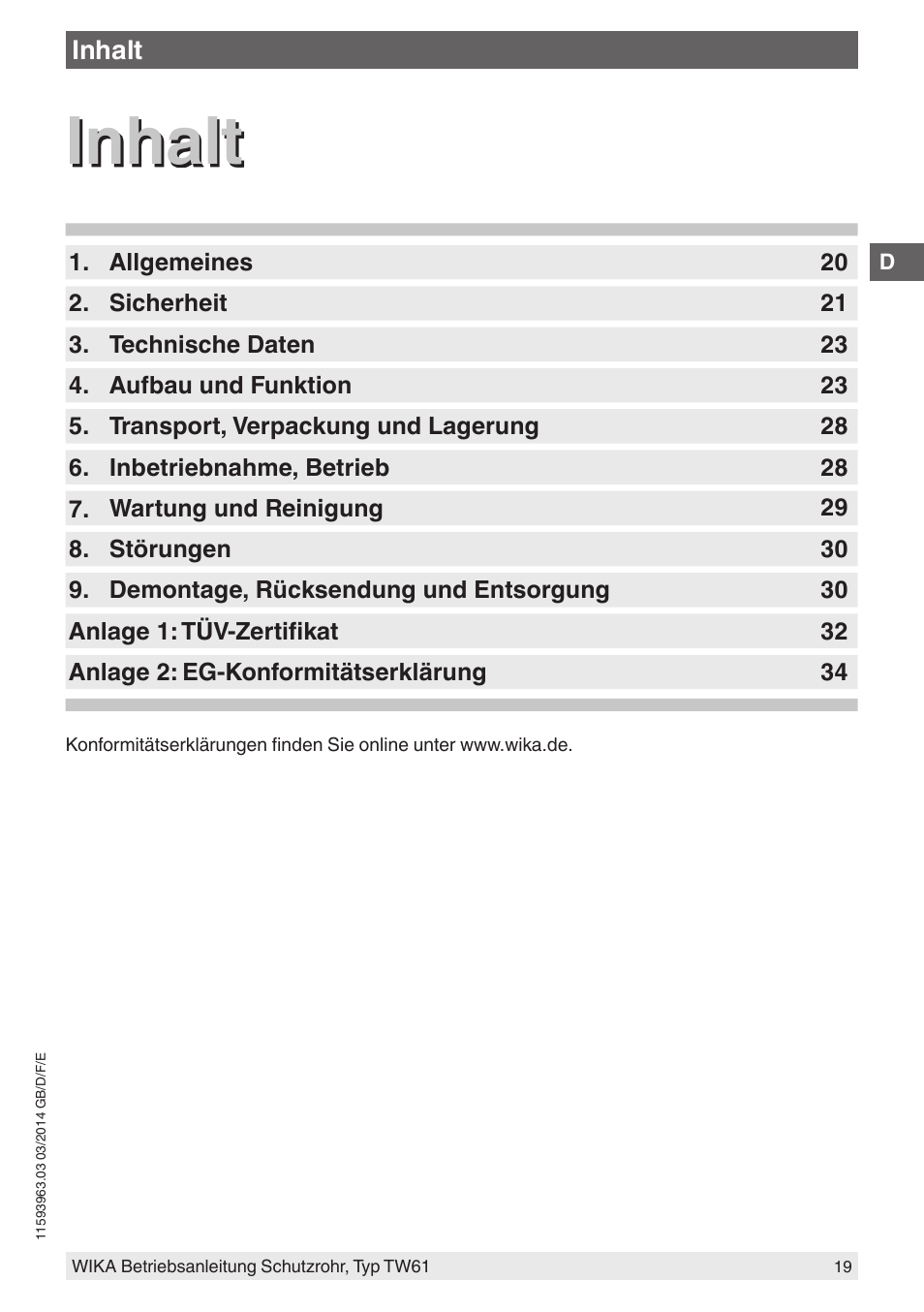 Inhalt | WIKA TW61 User Manual | Page 19 / 68