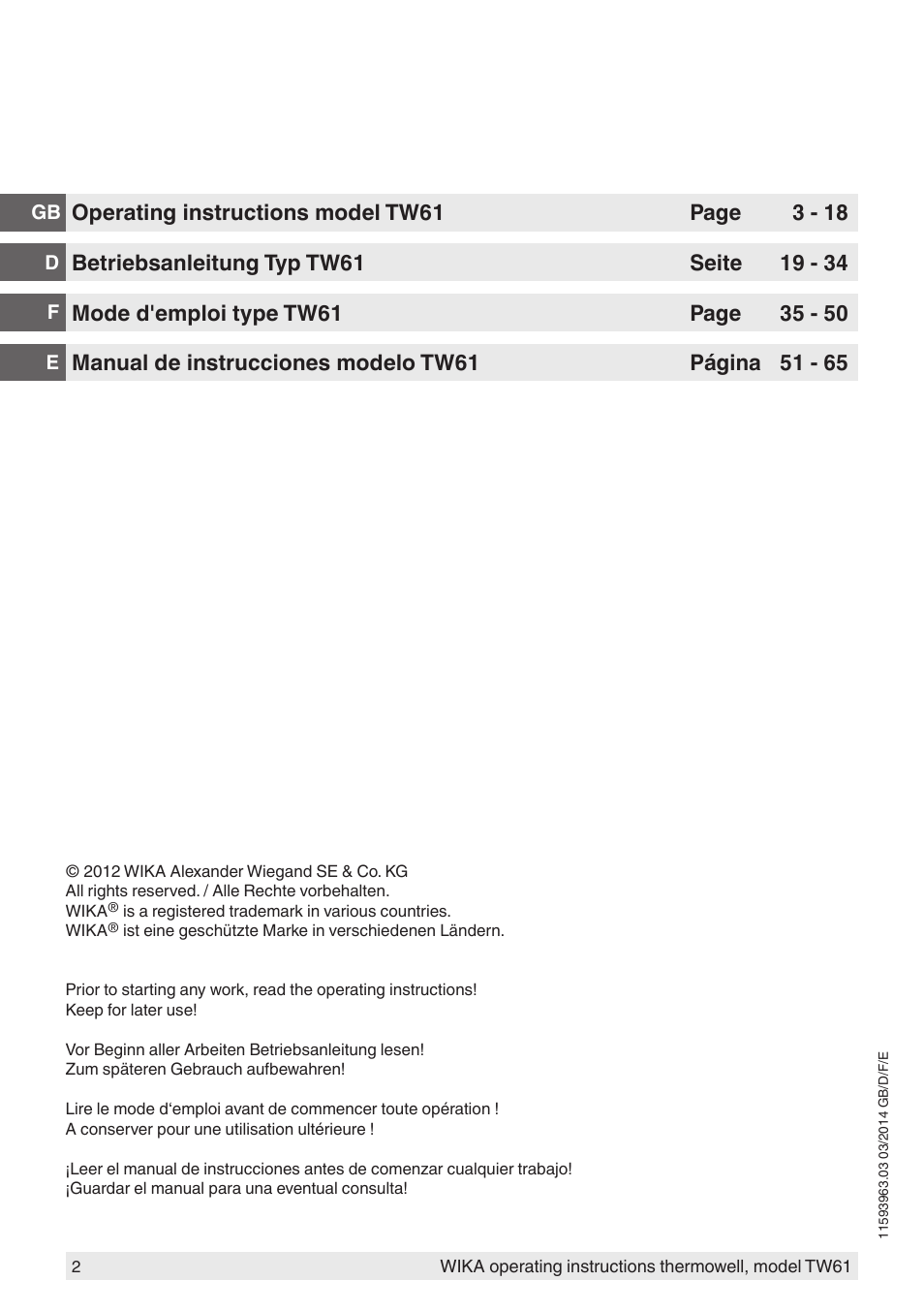 WIKA TW61 User Manual | Page 2 / 68