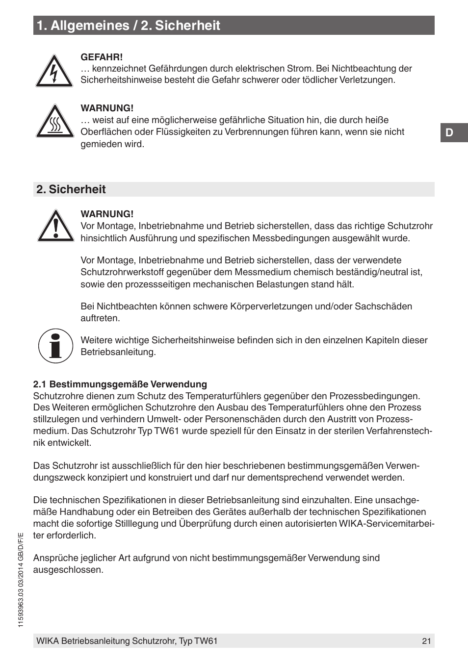 Allgemeines / 2. sicherheit, Sicherheit | WIKA TW61 User Manual | Page 21 / 68