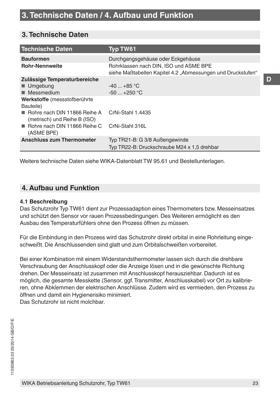 Technische daten / 4. aufbau und funktion, Technische daten, Aufbau und funktion | WIKA TW61 User Manual | Page 23 / 68