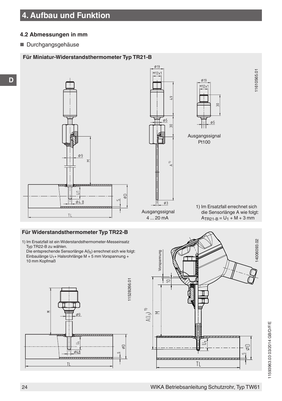 Aufbau und funktion, 2 abmessungen in mm, Durchgangsgehäuse | WIKA TW61 User Manual | Page 24 / 68