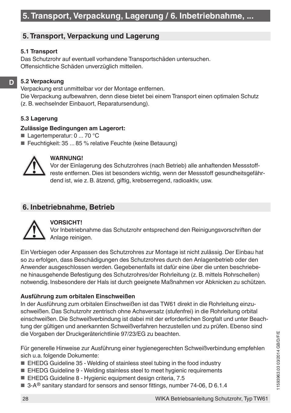 Transport, verpackung und lagerung, Inbetriebnahme, betrieb | WIKA TW61 User Manual | Page 28 / 68