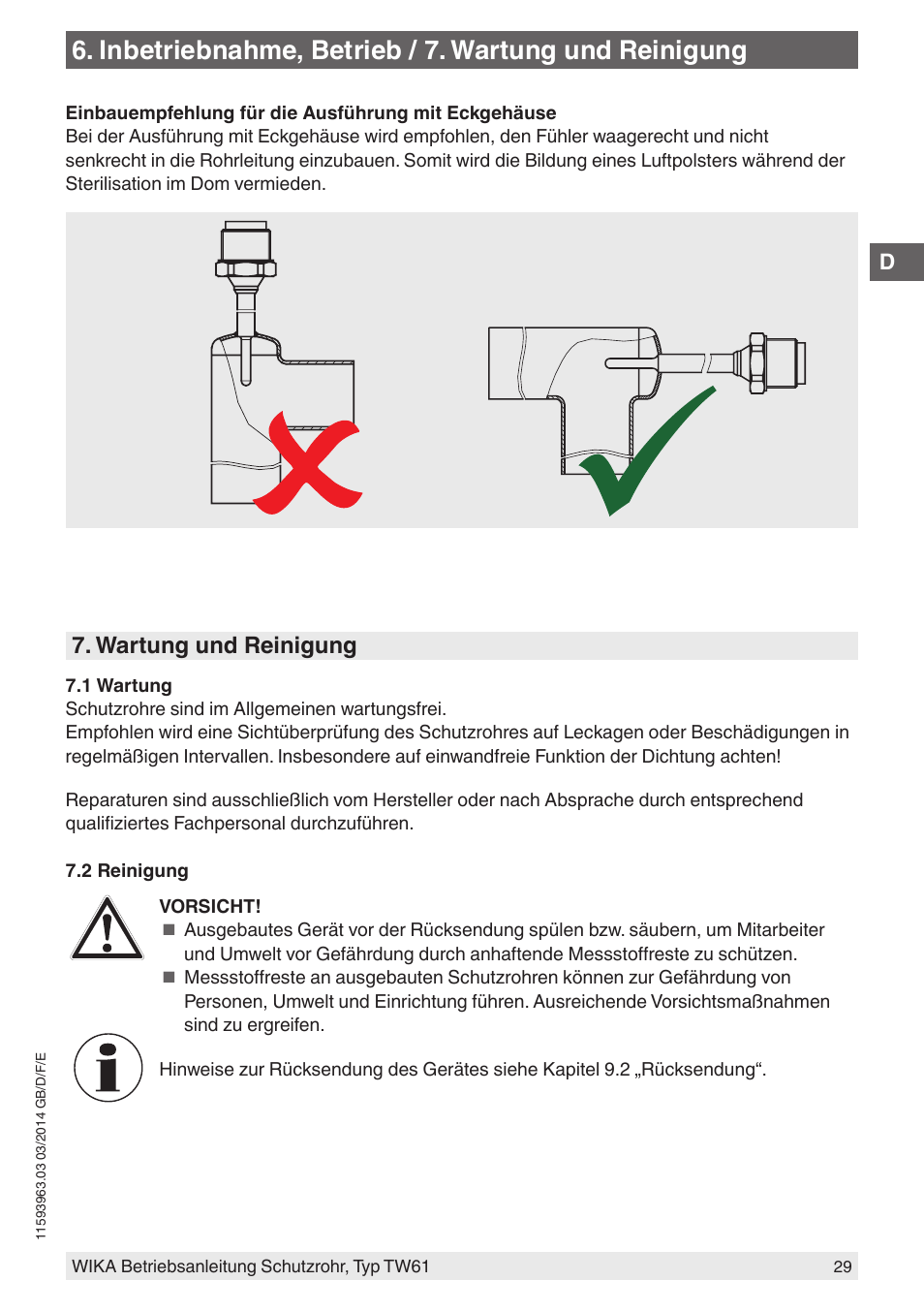 Inbetriebnahme, betrieb / 7. wartung und reinigung, Wartung und reinigung | WIKA TW61 User Manual | Page 29 / 68