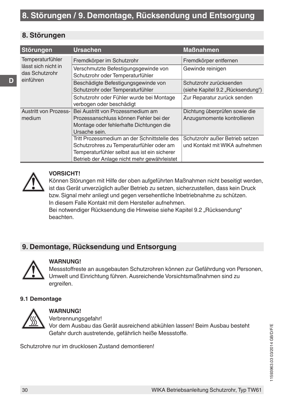 Störungen, Demontage, rücksendung und entsorgung | WIKA TW61 User Manual | Page 30 / 68