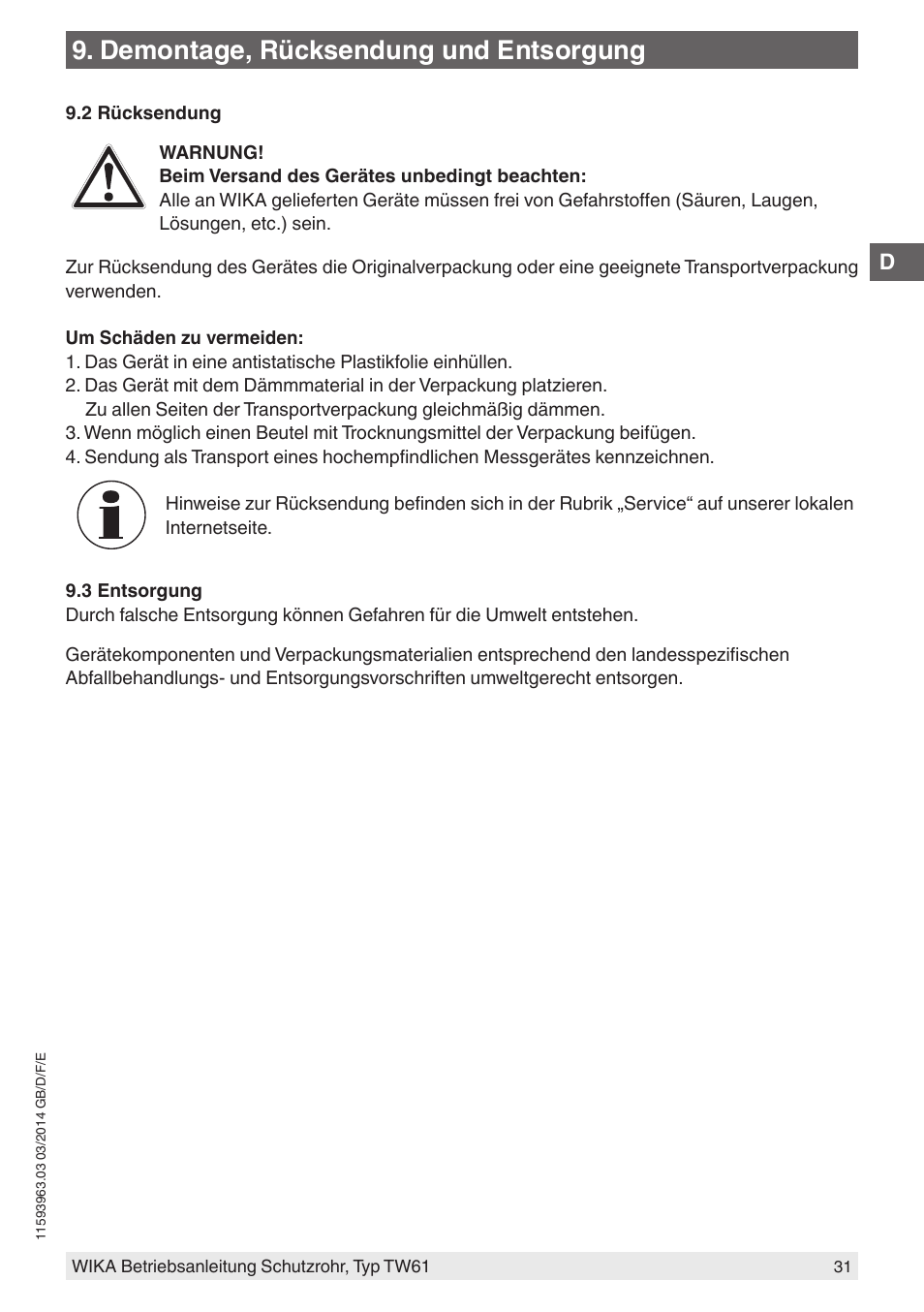 Demontage, rücksendung und entsorgung | WIKA TW61 User Manual | Page 31 / 68