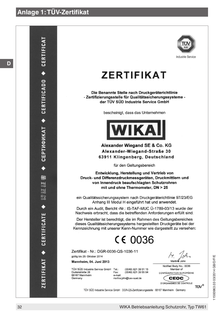 Anlage 1: tüv-zertifikat | WIKA TW61 User Manual | Page 32 / 68