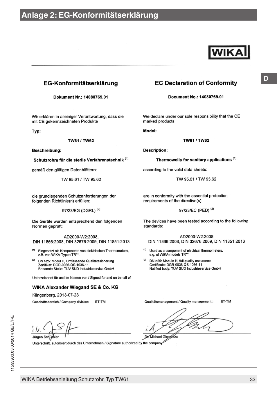 Anlage 2: eg-konformitätserklärung | WIKA TW61 User Manual | Page 33 / 68