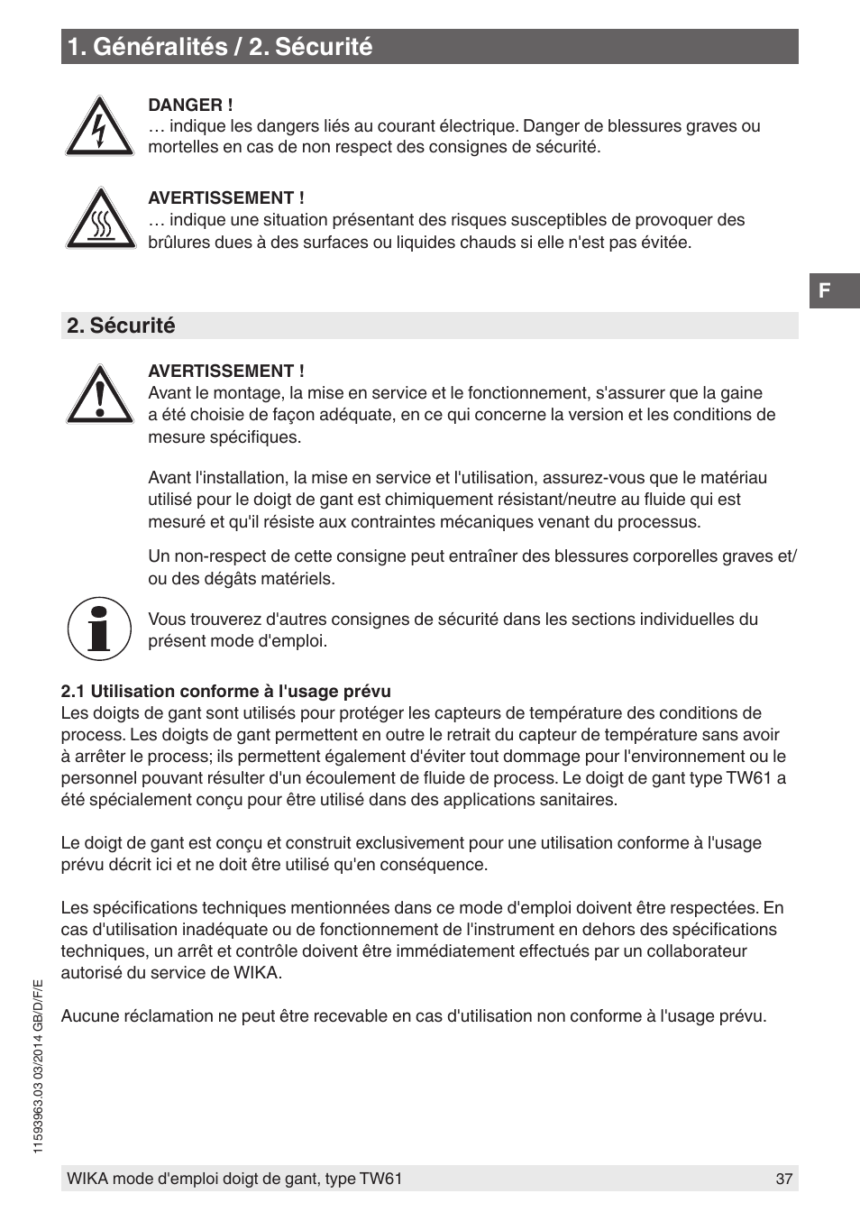 Généralités / 2. sécurité, Sécurité | WIKA TW61 User Manual | Page 37 / 68