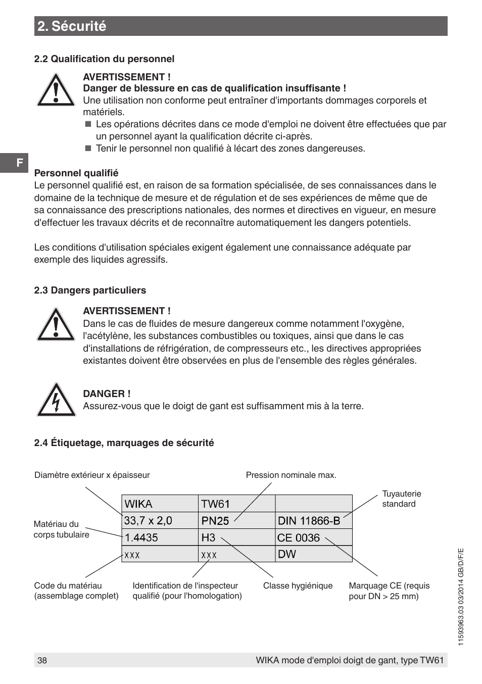 Sécurité | WIKA TW61 User Manual | Page 38 / 68